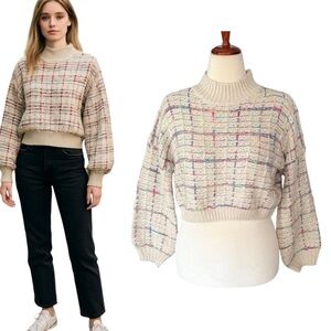 Vestique Cream Pastel Plaid Chunky Knit Sweater Size S Cropped Lantern Sleeve